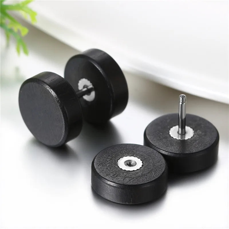 Boniskiss Pendientes de botón para hombre de madera con forma de mancuerna, 8/10/12 mm, pendientes de doble cara para mujer, piercing corporal, pendientes de oreja