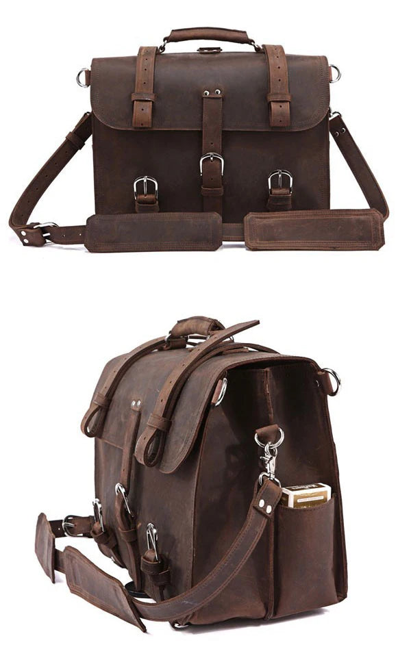 Vintage Crazy Horse Genuine Leather Men Briefcase Business Bag Large Leather Briefcase Male 17' Laptop Case Shoulder Bag Office