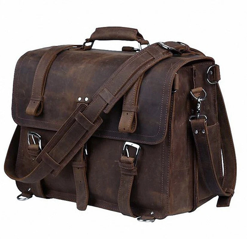 Vintage Crazy Horse Genuine Leather Men Briefcase Business Bag Large Leather Briefcase Male 17' Laptop Case Shoulder Bag Office