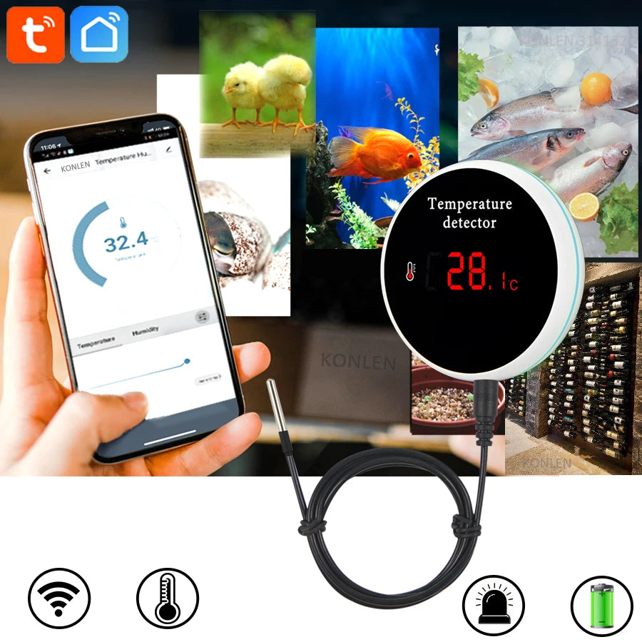 KONLEN Sensor de temperatura Wi-Fi Tuya con sonda de cable de 3 m, termómetro digital Smart Life para el hogar inteligente, termostato para piscinas y alarmas remotas