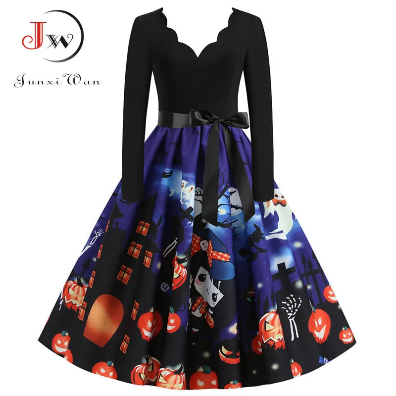 Abito midi da donna con stampa e scollo a V
