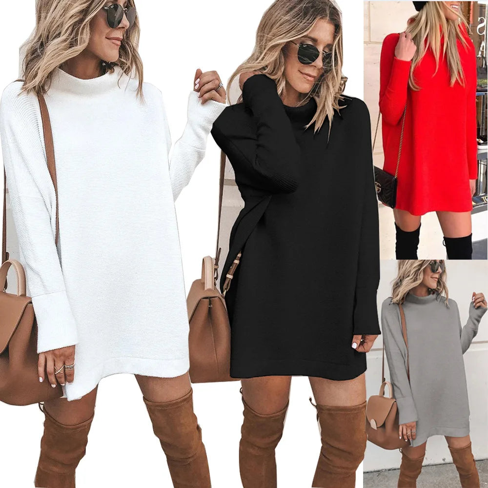 Women's mini dress with round neck and long sleeves