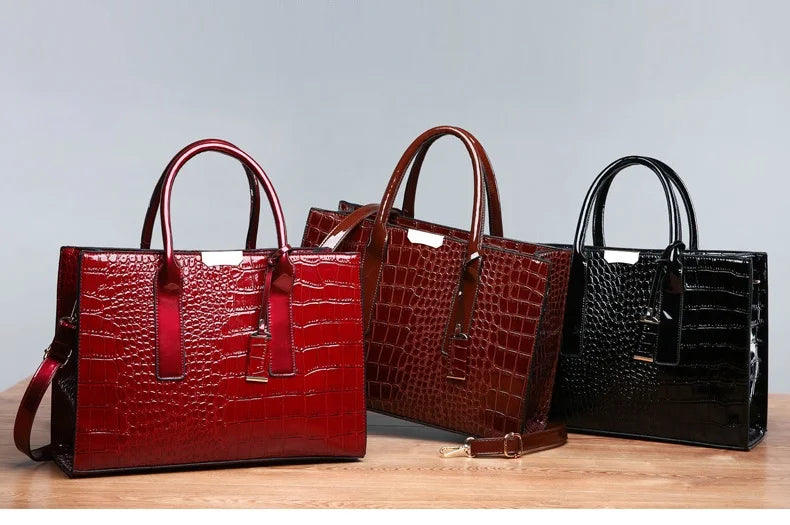 Patent Leather Women Handbag Luxury Designer Crocodile Crossbody Bags for Female Shoulder Bags Big Ladies Totes Office Bag Black