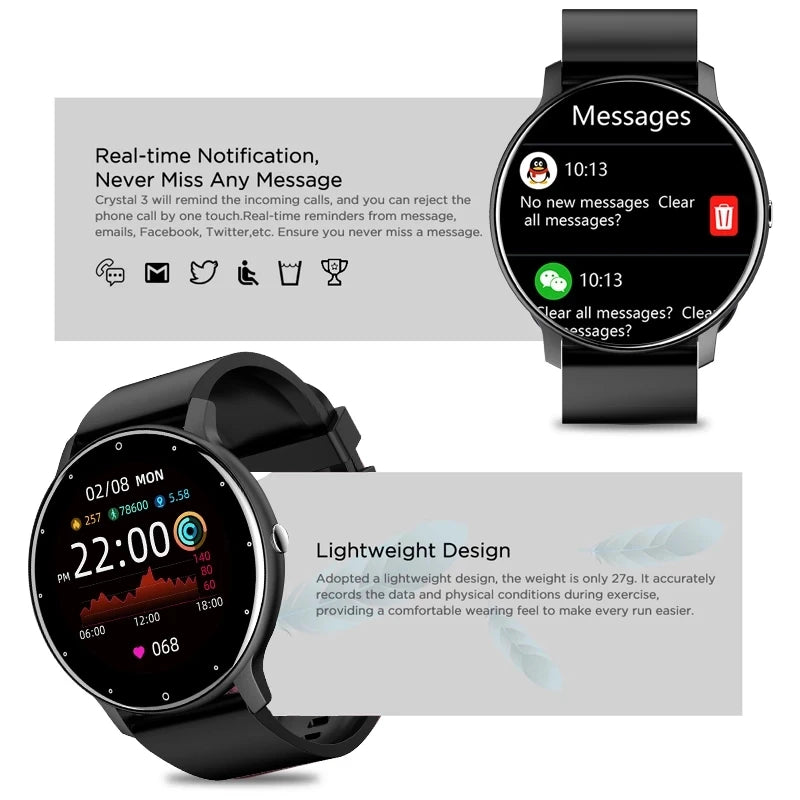Smartwatch rotondo con notifiche Bluetooth e funzioni fitness