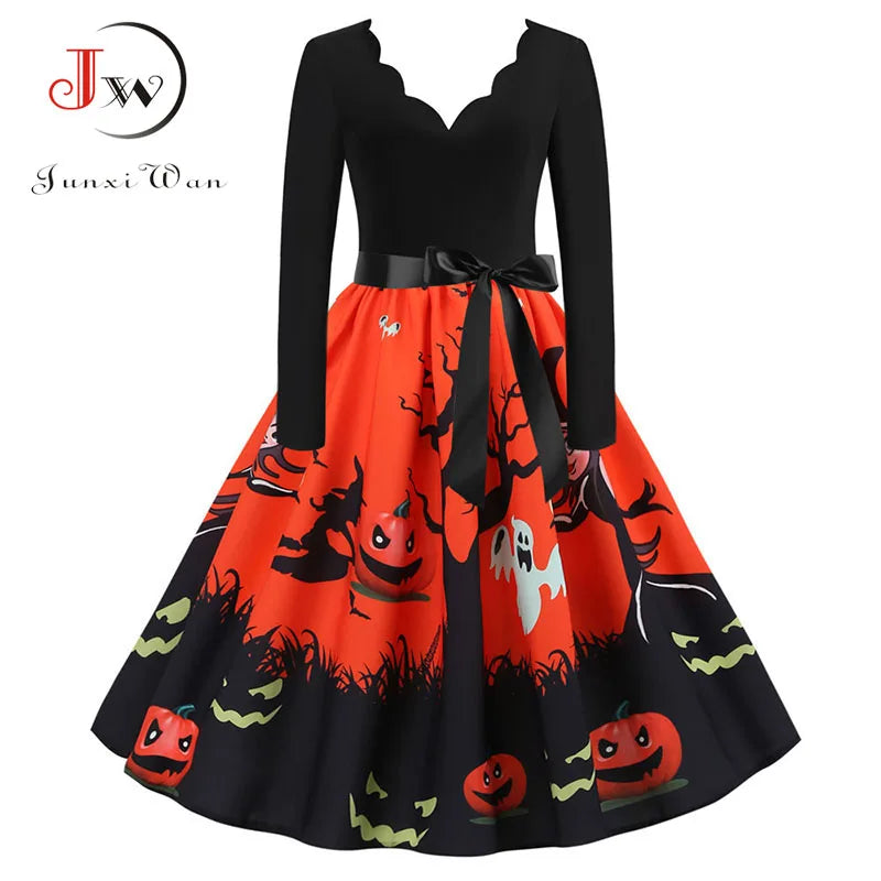 Abito midi da donna con stampa e scollo a V