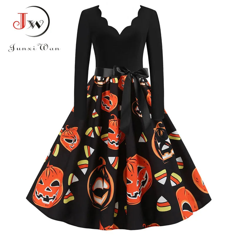 Abito midi da donna con stampa e scollo a V