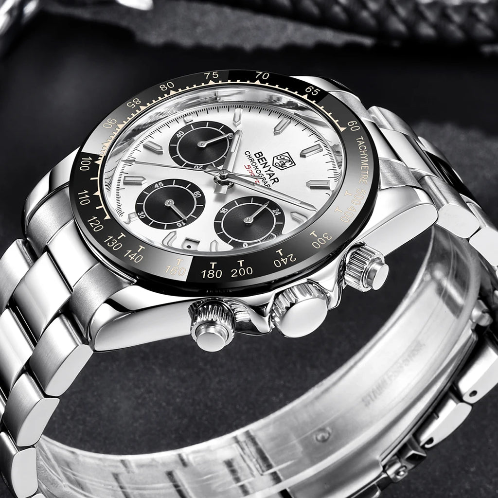 BENYAR Sport-Quarzuhr für Herren, 3 bar wasserdicht, aus Edelstahl, luxuriöse Fashion-Chronographenuhr, Herrenuhr