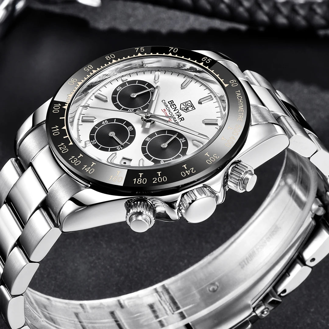 BENYAR Sport-Quarzuhr für Herren, 3 bar wasserdicht, aus Edelstahl, luxuriöse Fashion-Chronographenuhr, Herrenuhr