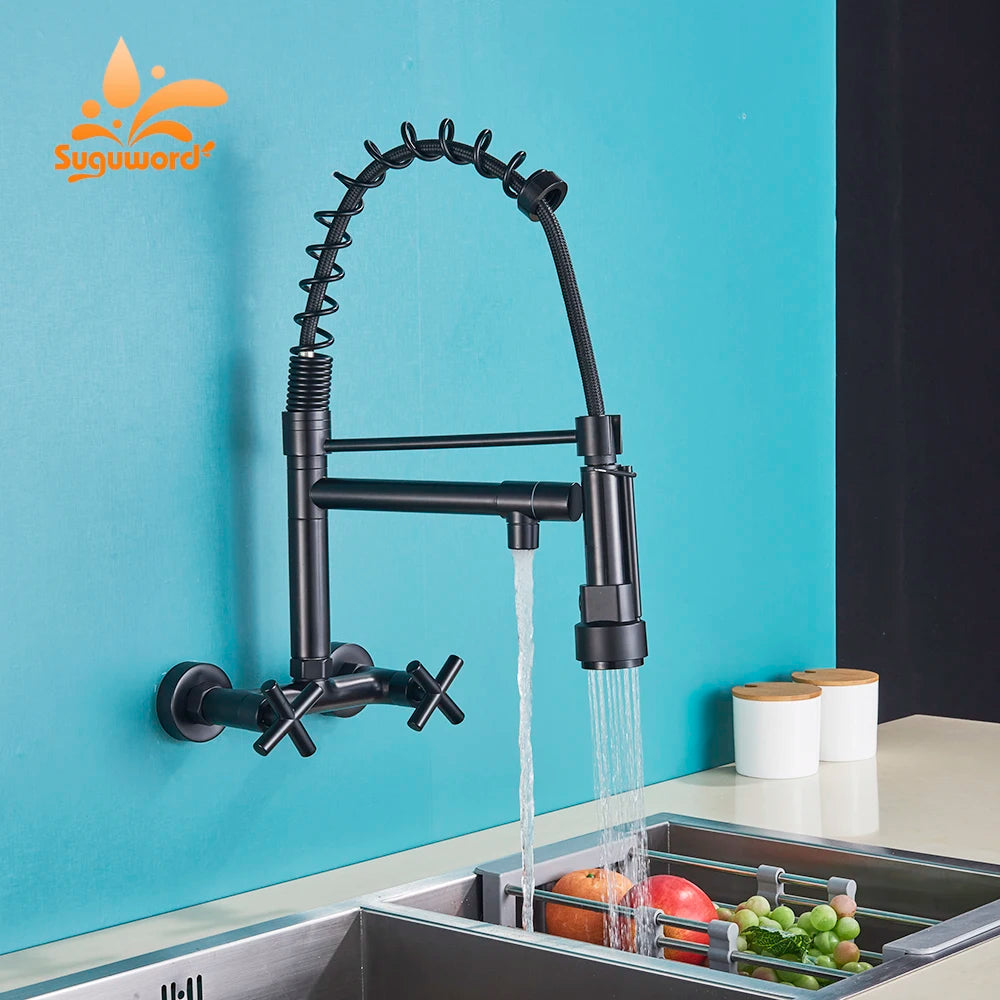 Matte Black Wall-Mounted Kitchen Faucet, Hot and Cold Water Mixer Tap with Pull-Down Spray and 360° Rotation