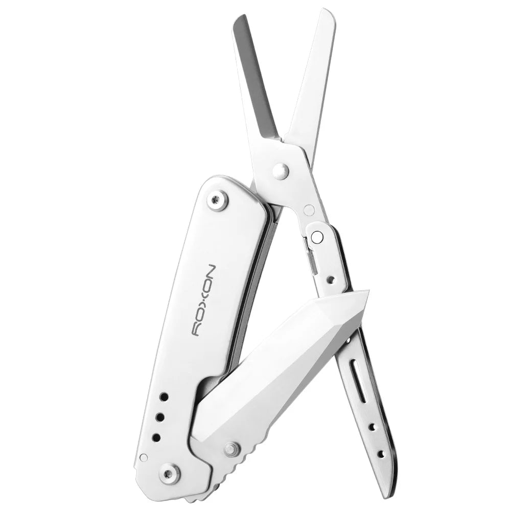 Couteau de poche pliant Roxon et ciseaux 2 en 1, outil multifonction EDC avec clip de ceinture, travaux domestiques, survie, plein air, camping, outil multifonction