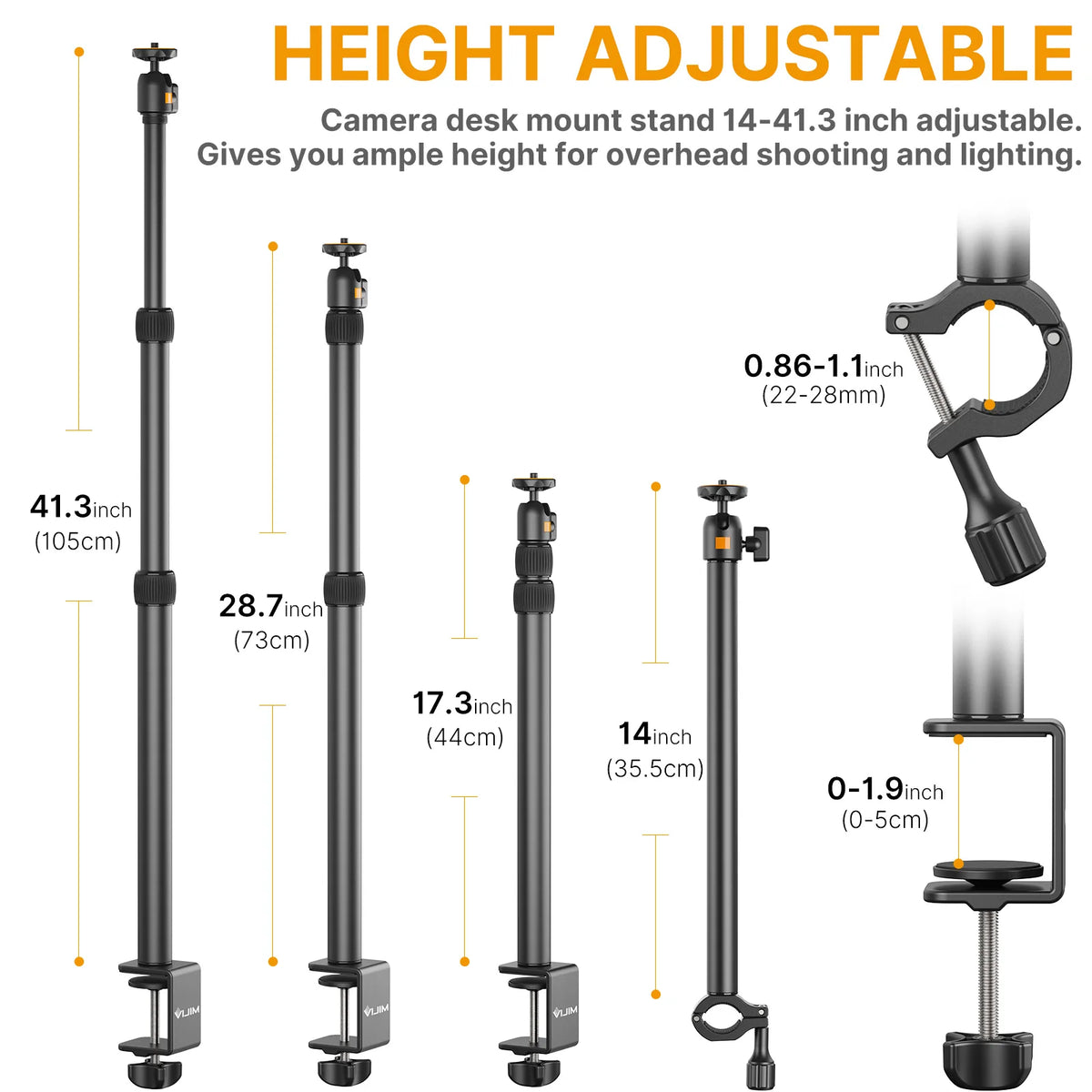 VIJIM LS01 Schreibtischlampen-Montagestativ 96 cm, verstellbares Tischstativ mit abnehmbarem Kugelkopf und 1/4-Gewinde für LED-Ringlicht