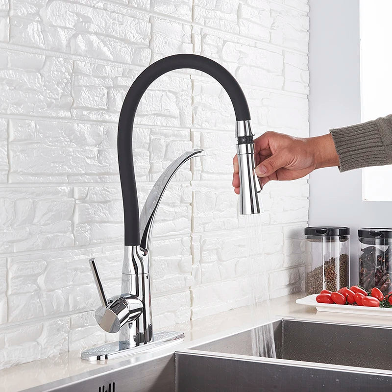 Grifo de cocina de goma, negro/níquel/cromo/dorado, con rotación de 360 grados, rociador extraíble y mezclador de agua fría y caliente
