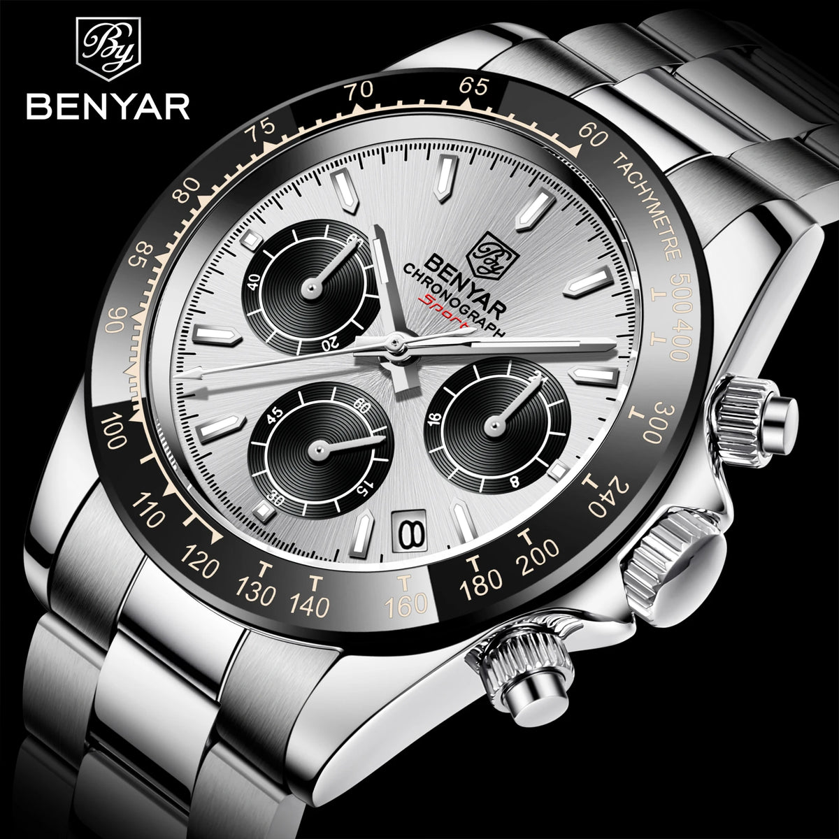 BENYAR Sport-Quarzuhr für Herren, 3 bar wasserdicht, aus Edelstahl, luxuriöse Fashion-Chronographenuhr, Herrenuhr