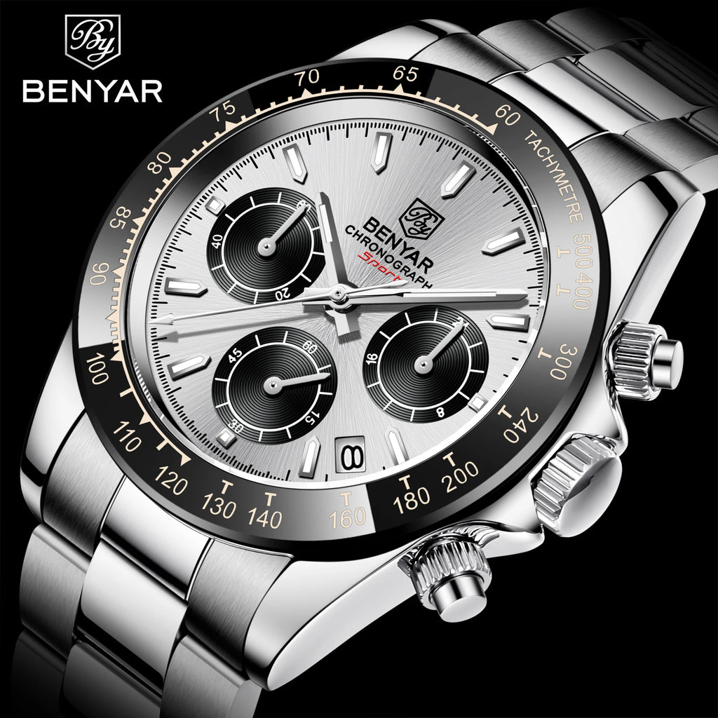Montre-bracelet à quartz sportive BENYAR pour homme, étanche à 3 bar, en acier inoxydable, montre de luxe tendance avec chronographe, montres pour homme