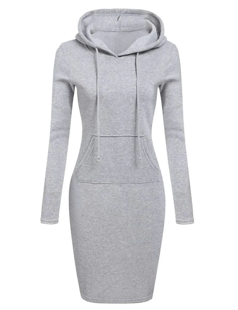 Abito casual da donna con cappuccio e tasche, al ginocchio