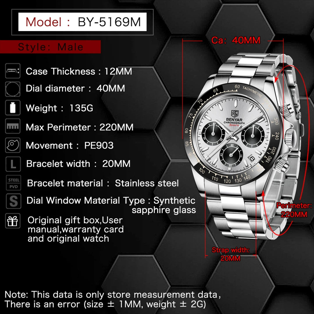 Montre-bracelet à quartz sportive BENYAR pour homme, étanche à 3 bar, en acier inoxydable, montre de luxe tendance avec chronographe, montres pour homme