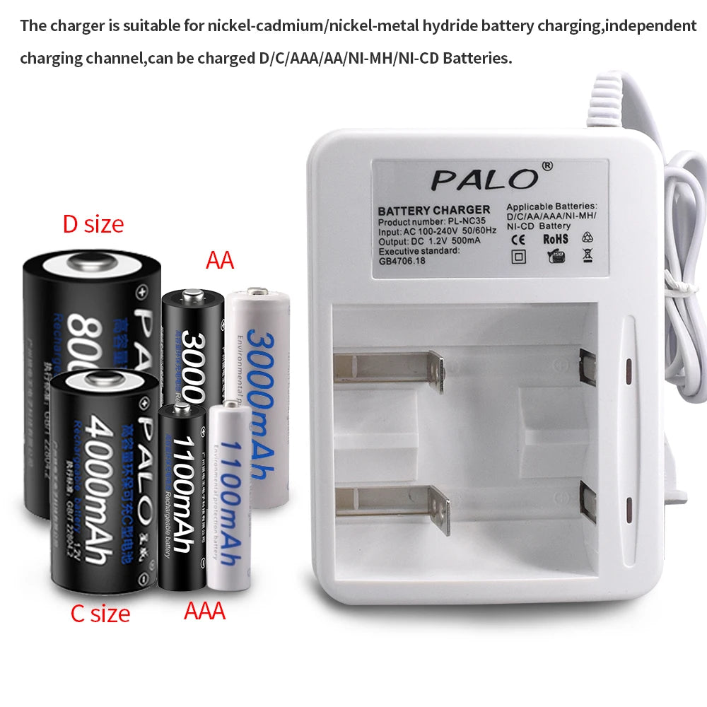 PALO 1-8 pcs D Size Rechargeable Battery Type D LR20 Battery 1.2V NI-MH Rechargeable D Battery 8000mAh R20 Rechargeable Battery