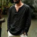 Men's Long Sleeve T-shirt Fashion V-neck Cotton Linen Lightweight Breathable Solid Color Simple Style Classic Male Tops