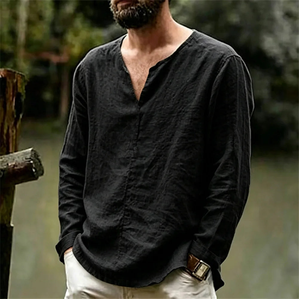 Men's Long Sleeve T-shirt Fashion V-neck Cotton Linen Lightweight Breathable Solid Color Simple Style Classic Male Tops