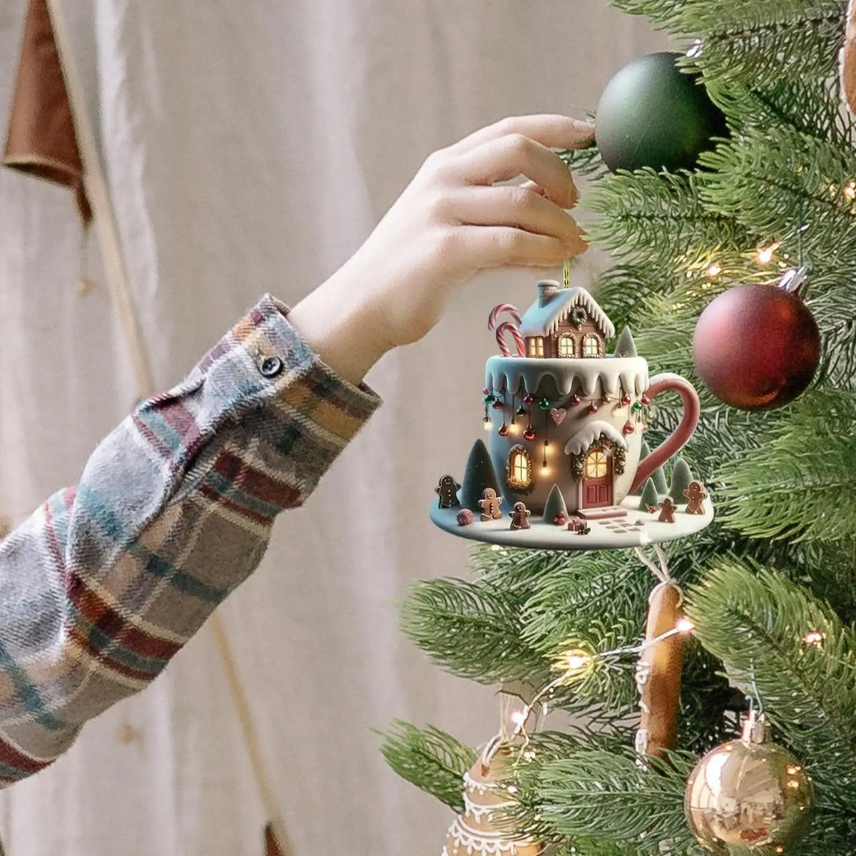 Christmas Decor Coffee Cup Ornaments 2D Acrylic Flat Christmas Snow Houses Chocolate Mug Pendant Christmas Tree Pendant
