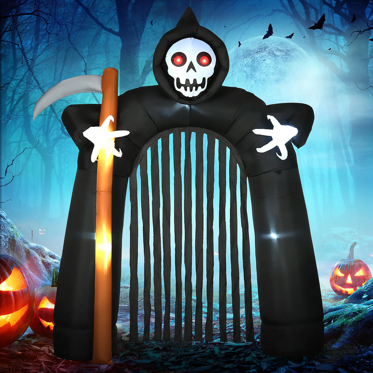 Halloween DIY-Deko 285 cm riesiger aufblasbarer Sensenmann-Torbogen mit leuchtend roten Augen und integrierten LED-Lichtern, wasserfeste, selbstaufblasende Dekoration für den Außenbereich, Garten und Eingangsbereich
