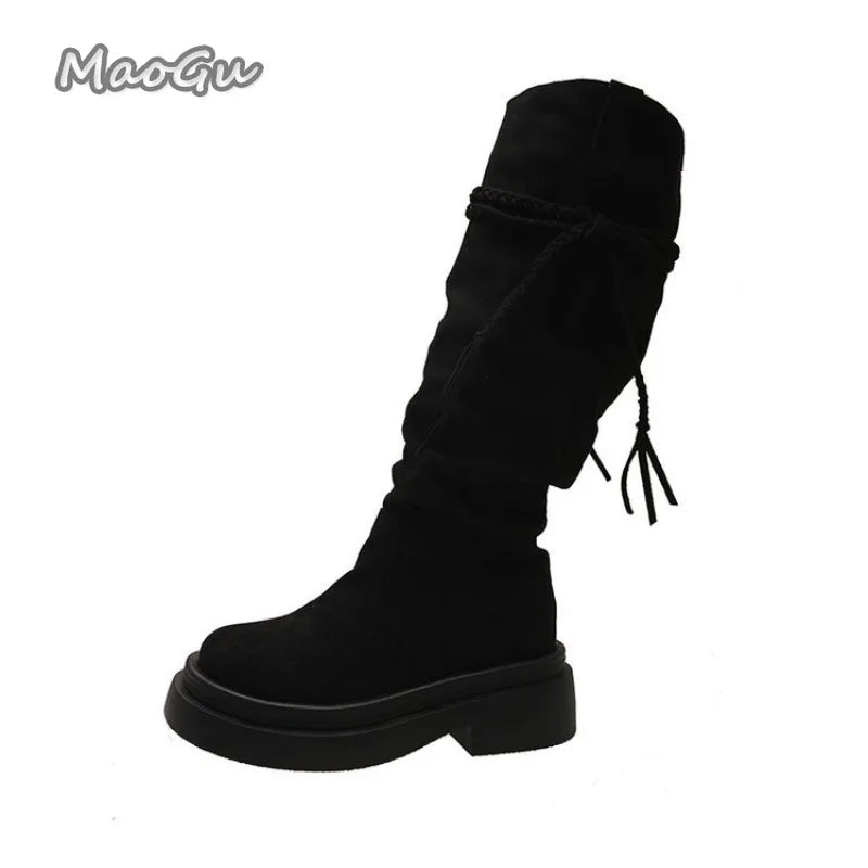 Bottes hautes pour femme à semelle épaisse, automne-hiver, plissées à franges, noires, nouvelle mode 2025, pointures 35 à 40