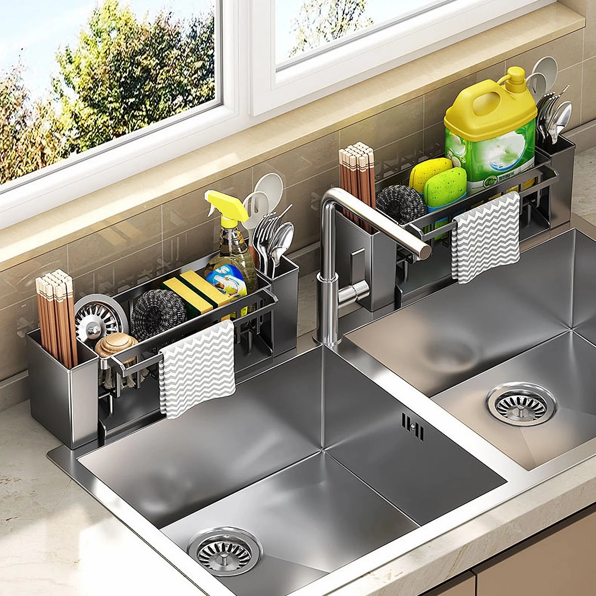 Organizador para fregadero, Soporte para esponja de cocina con soporte para estropajo, Escurridor para paños, Organizador de baño, Soporte para grifo del fregadero