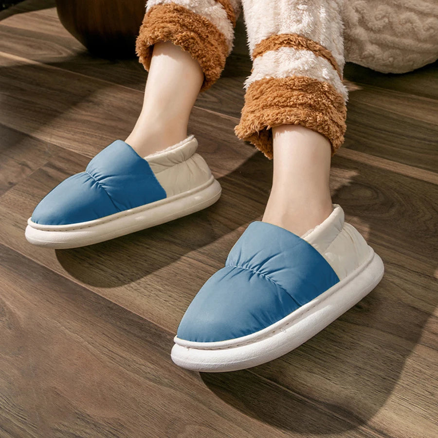 Warme Unisex-Hausschuhe für Damen und Herren, 4 cm dicke Sohle, weich wie Wolken, wasserdicht, Daunen-Innenfutter, Fleece-Hausschuhe für drinnen und draußen, Hausschuhe im Pantoletten-Stil
