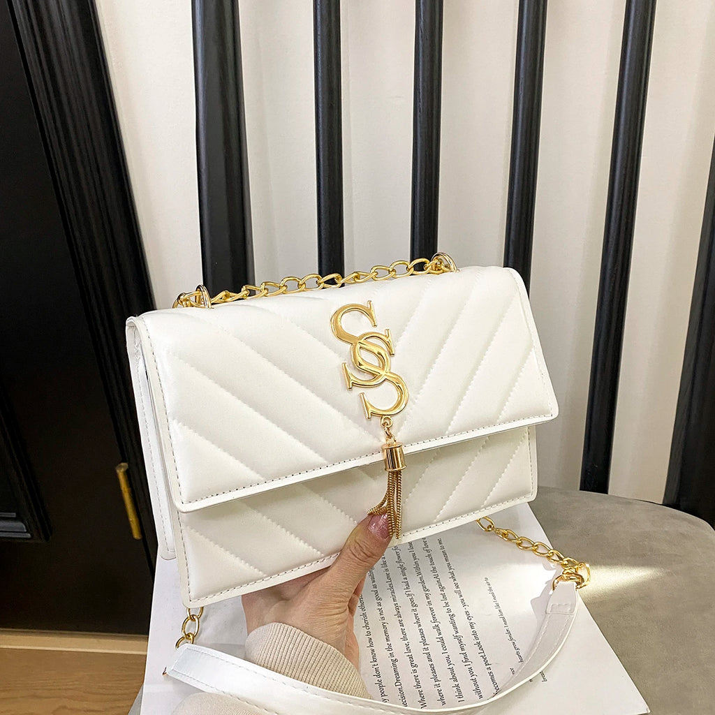 Luxury Women's Quilted Leather Shoulder Bag Designer Chain Crossbody Bag Elegant Flap Purse with Gold Tone SS Logo & Tassel