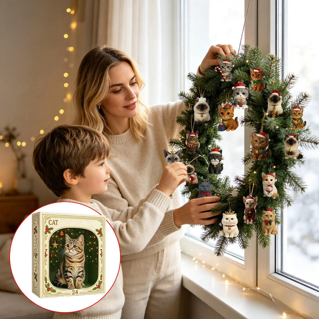 Calendrier de l’Avent pour chat de Noël, 24 jours, décorations pour sapin en acrylique 2D à suspendre, cadeau à collectionner