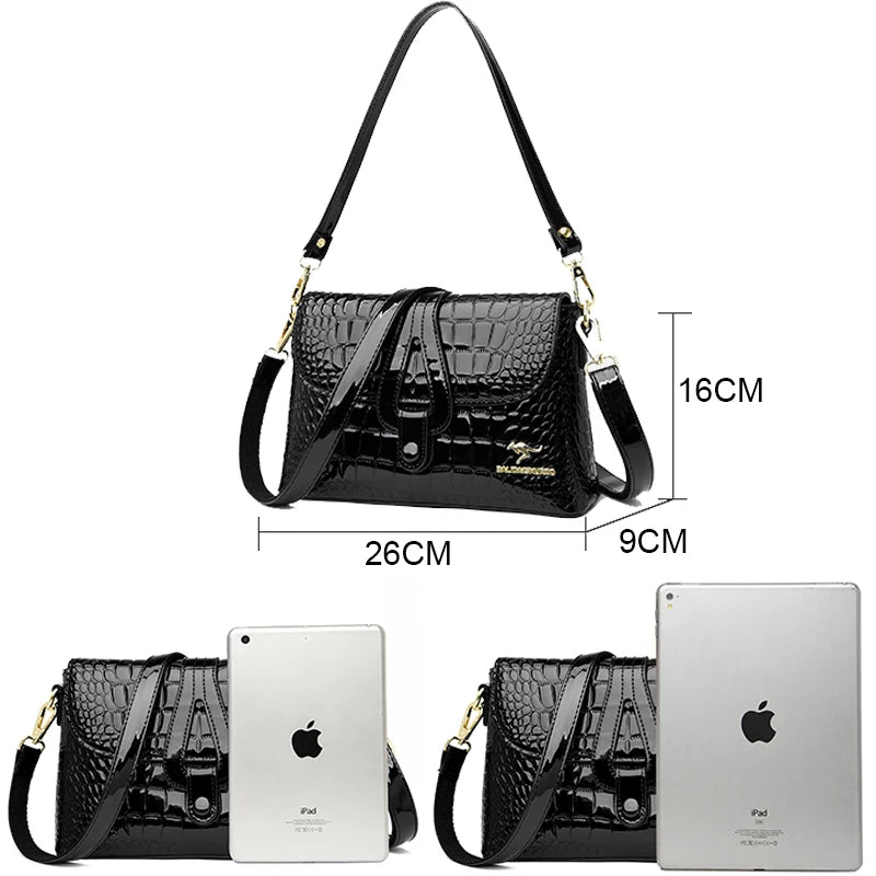 2026 Women Patent Leather Shoulder Bags Luxury Designer Large Capacity Crocodile Stripe Crossbody Bag High Quality Messenger Bag