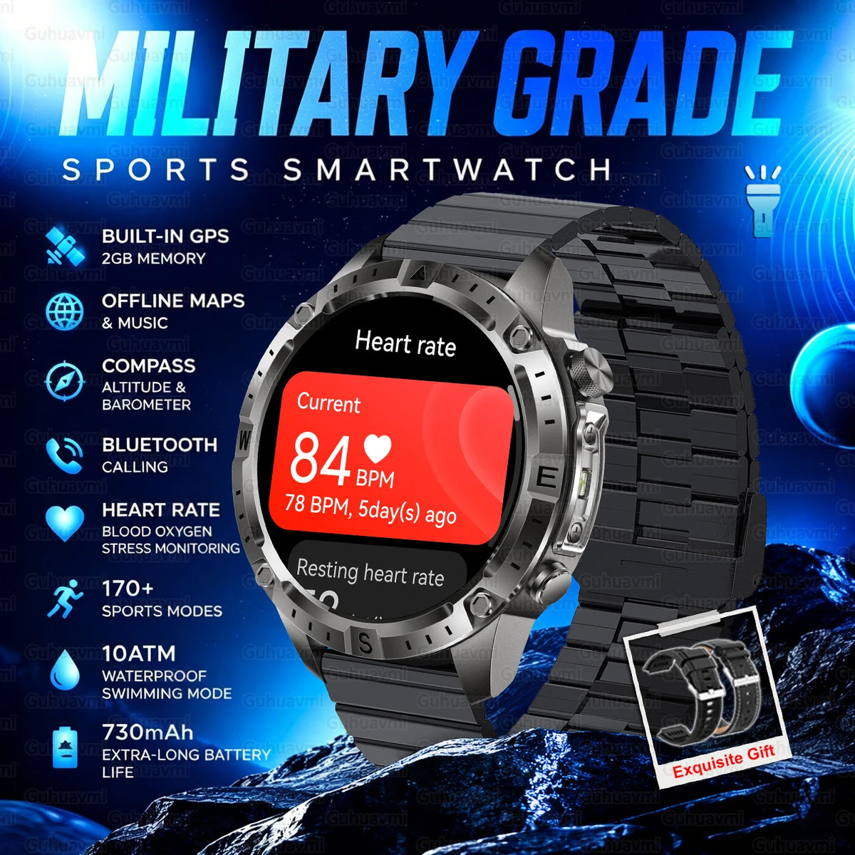 GPS Outdoor Smartwatch with Compass and Offline Map Feature