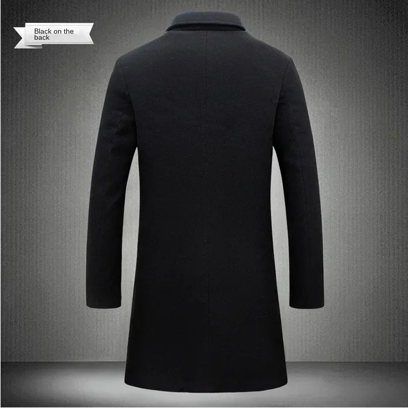 Men Long Cotton Coat 2026 Autumn Winter Wool Blend Pure Color Business Casual Slim Fit Windbreaker Jacket Fashion Men Clothing
