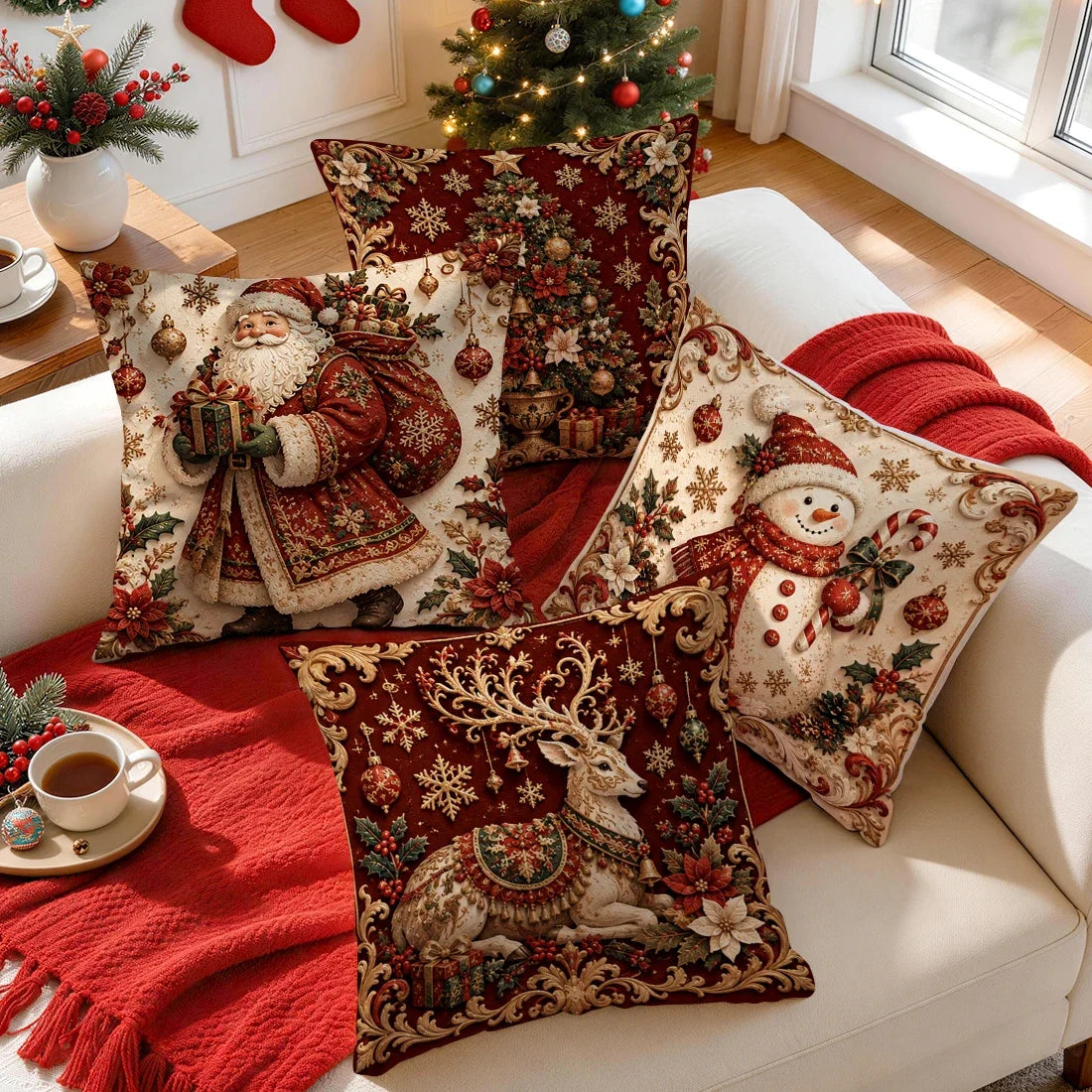 1/4 Stück Weihnachts-Reliefmuster-Kissen, Kissenbezug aus Polyester, Dekokissen, Kissenbezug für Zuhause, Auto und Sofa