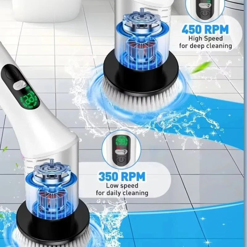 Multi-Purpose 9-in-1 Cordless Electric Power Scrubber, Bathroom Scrubber with 8 Brush Heads and Adjustable Extension Handle for Shower Cleaning