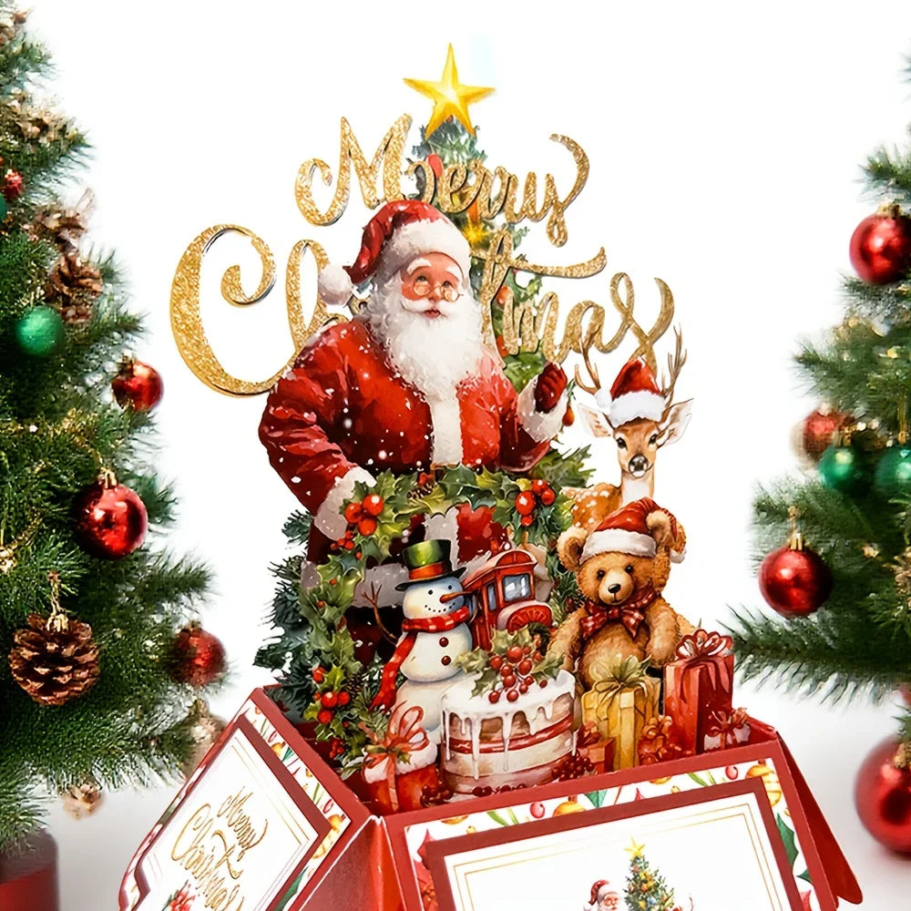 Tarjetas de felicitación de árbol de Navidad Papá Noel Reno Fiesta de Navidad Tarjeta desplegable Postal 3D con sobre Suministros de decoración navideña 1 unidad