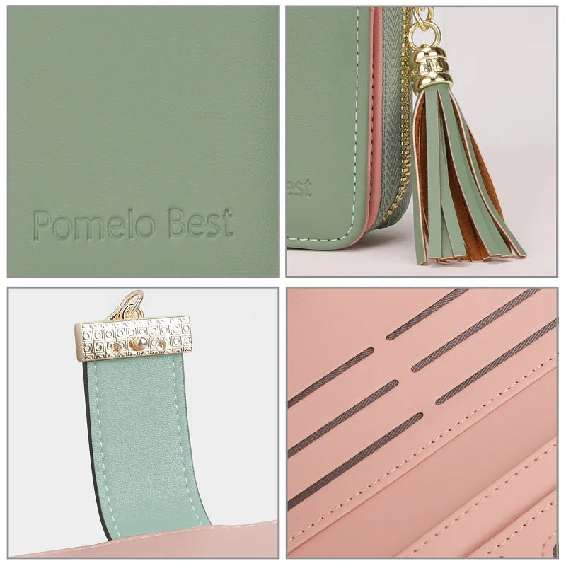 Pomelo Best 2026 Women RFID Wallet Color Block PU Clutch Multi Card Slots Phone Compartment Zipper Ladies Travel Coin Purse