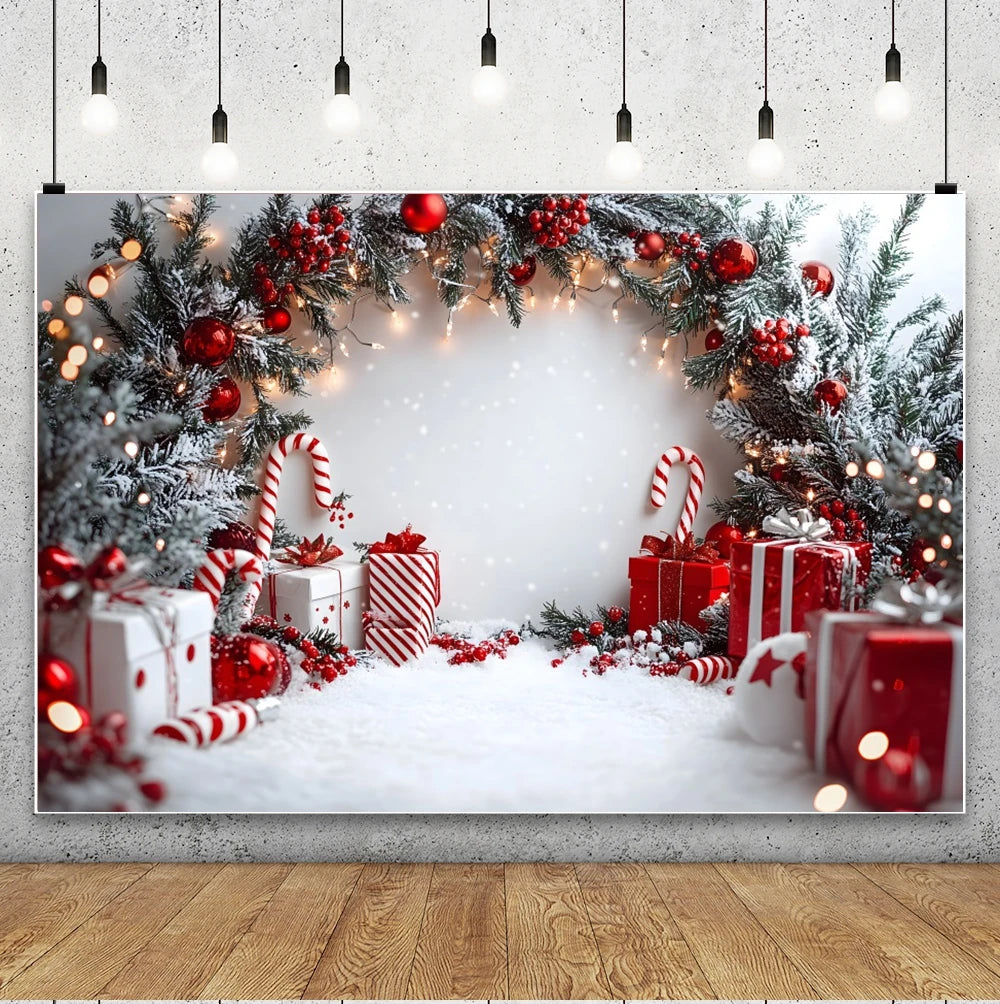 Candy Cane Arch Christmas Backdrop Snowy Forest Path Gift Boxes For Christmas Party Photo Booth Decoration Background Banner