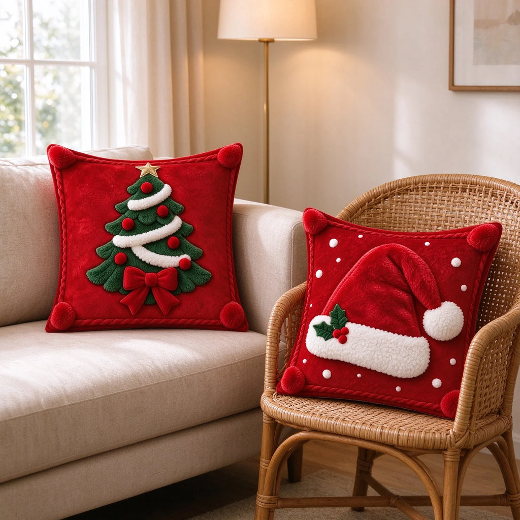 2D-bedruckter Weihnachtskissenbezug, Kissenhülle mit Weihnachtsmannmütze und Weihnachtsbaum, 45 x 45 cm, Polyester, Dekokissen für Sofa und Festtage