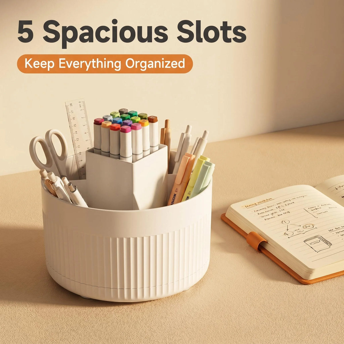 Rotating Plastic Pen Organizer with 5 Compartments