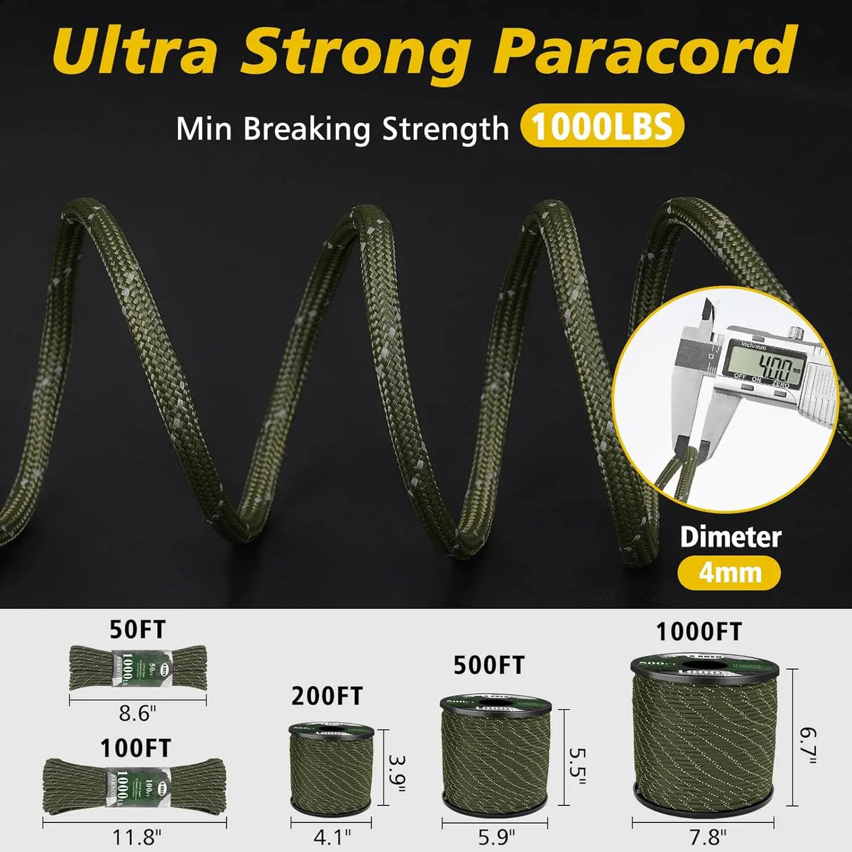 Reflektierende Paracord-Schnur, 1000 lb, 30,5 m, 4 mm, 13-strängig, taktische Fallschirmschnur zum Campen, Angeln, als Wäscheleine und für Hängematten
