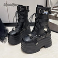 Modische, superhohe Damenstiefel mit dicker Sohle, Schnallenriemen und Schnürung, Gothic-Kurzstiefel mit Plateau, schwarze und weiße Damenstiefel