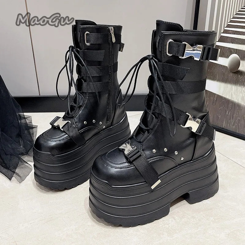 Fashion Design Super High Women's Boots, Thick Soles, Buckle Straps, Lace-Up Gothic Ankle Boots, Platform, Women's Boots, Black and White