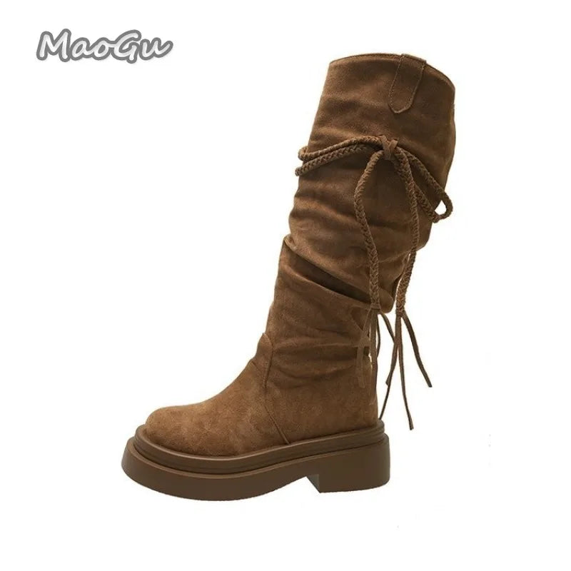 Bottes hautes pour femme à semelle épaisse, automne-hiver, plissées à franges, noires, nouvelle mode 2025, pointures 35 à 40