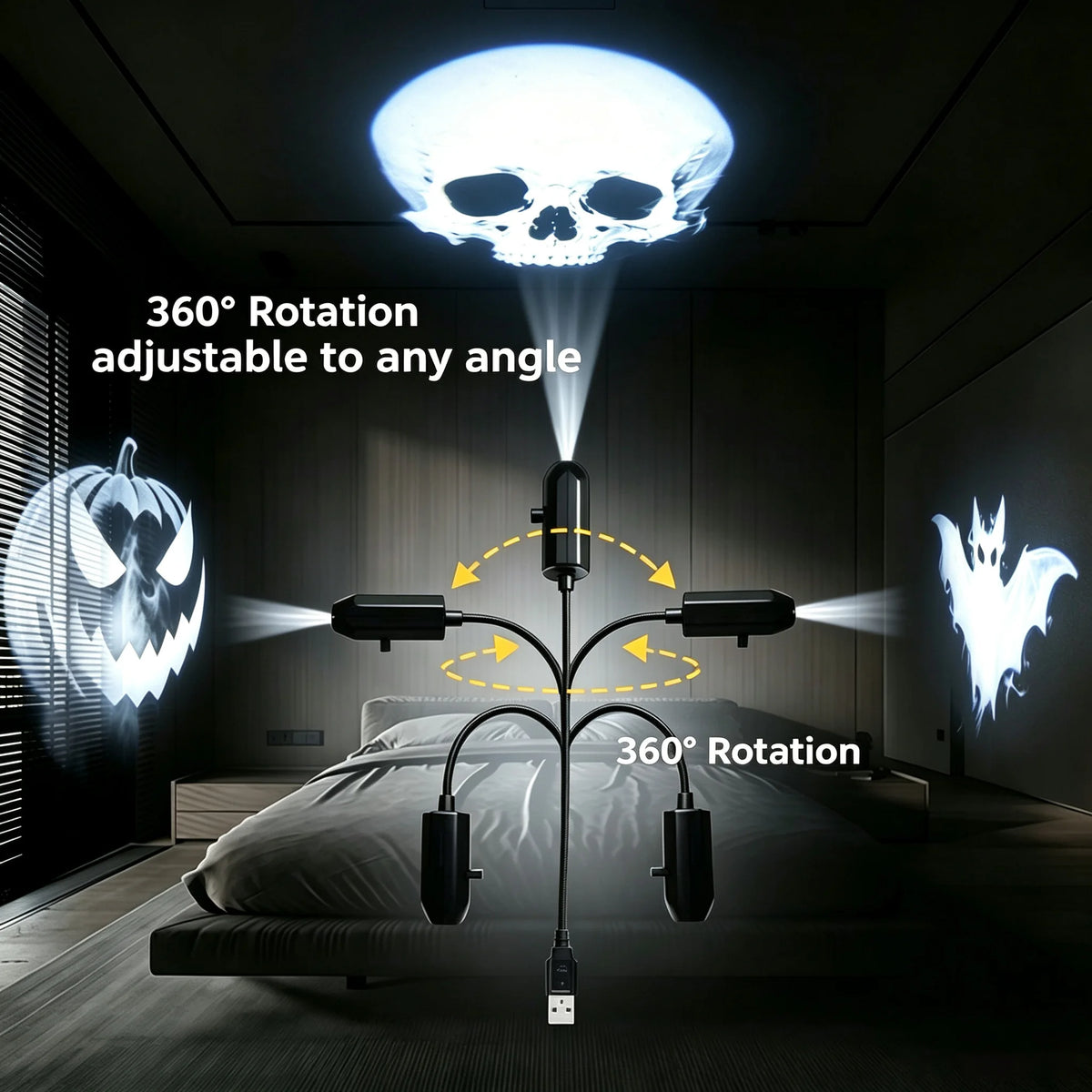 Projecteur LED d’Halloween pour veilleries, Plug and Play USB, projecteur LED HD pour plafond et fenêtre, décoration d’Halloween, lampe murale