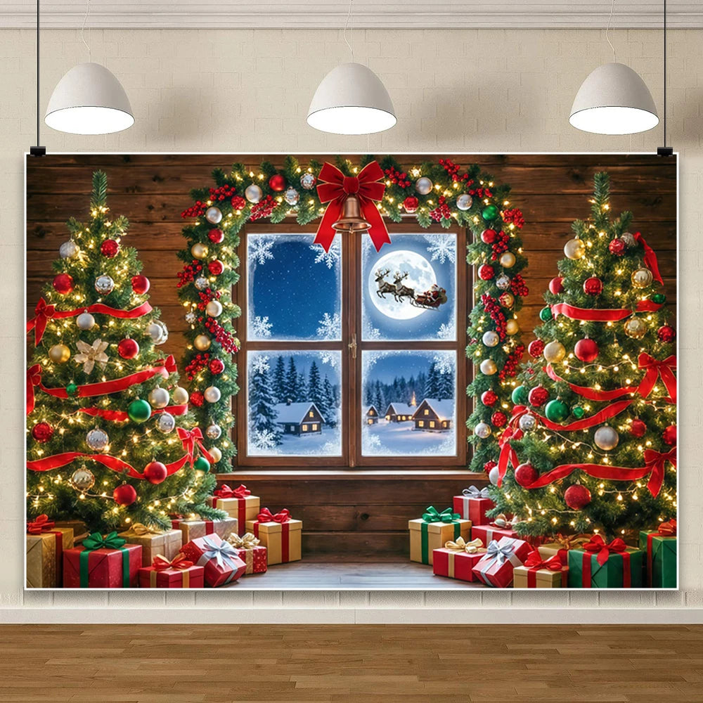 Yeele Christmas Photography Background Red Curtains Wreath Decor Window Xmas Trees Girls Birthday Wedding Party Photo Backdrop