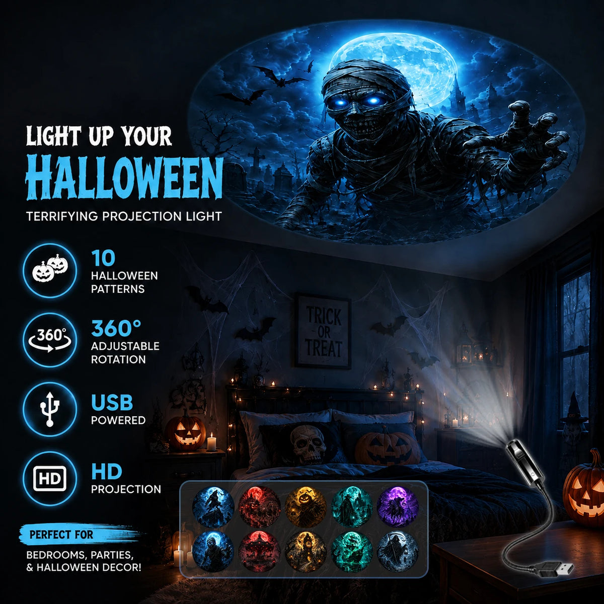 10 Halloween Pattern Projector Lights, Spooky Ceiling Decoration Ambient Lights