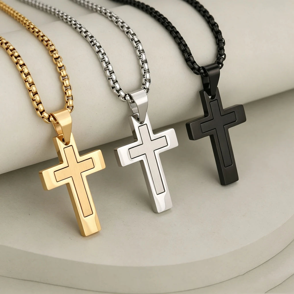 HNSP 316L Stainless Steel Inlay Cross Necklace For Men Women PVD Cross Pendant With Box Chain Waterproof Fashion Jewelry Gift