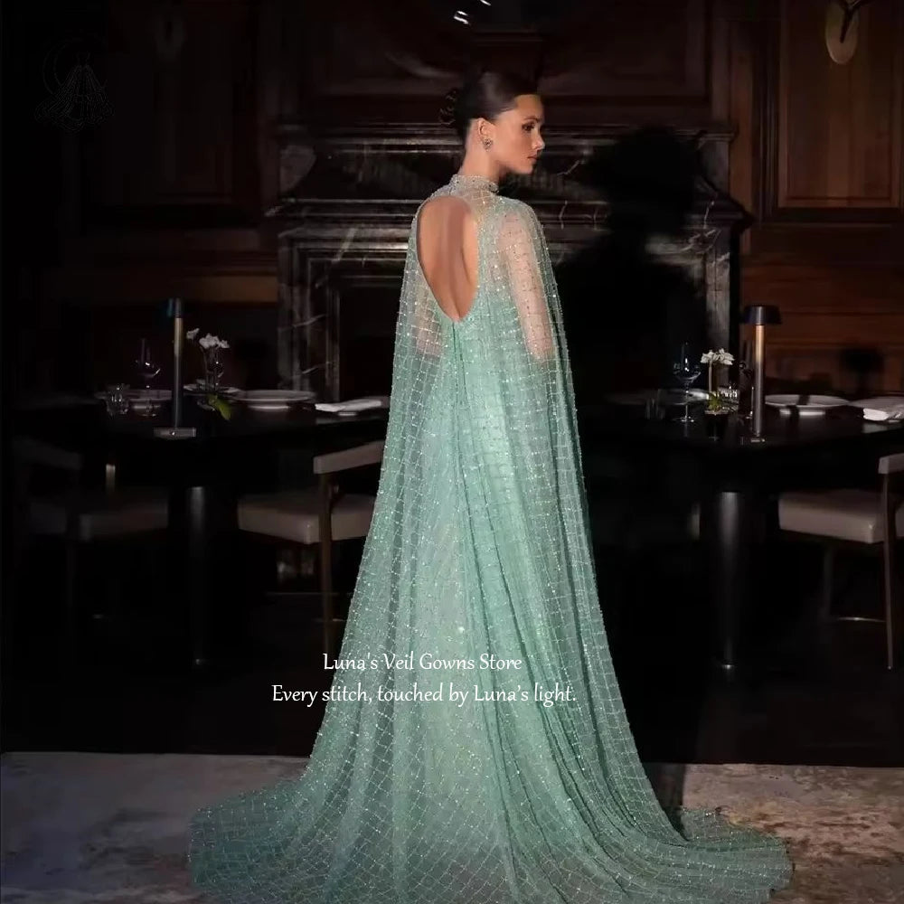 Long formal dress with round neck and long sleeves