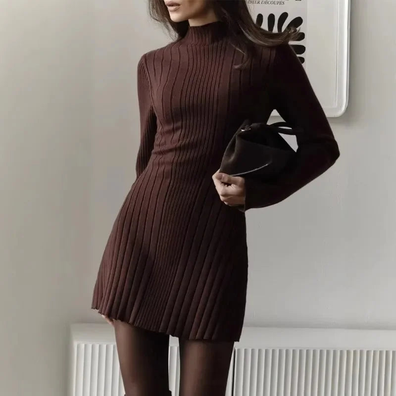 Damen-Strickkleid für den Frühling, langärmlig, mit halber Stehkragen und A-Linien-Rock, eleganter und verspielter Stil, weiches Strickkleid, leichtes, lässiges Strickoutfit für Alltag, Partys, Verabredungen und Büro